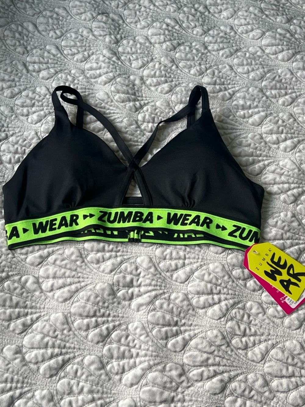 Zumba Fitness Happy Bra Women's Black Sports Bra Neon Green Band Medium NWT